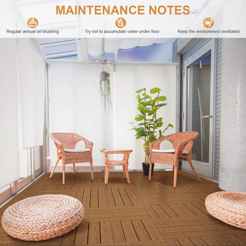 Interlocking Wood Deck Tiles 12x12 Inch Set Of 9 Waterproof Outdoor Flooring For All Weather Use In Khaki Pine Wood With Natural Grain Durable Indoor Porch Balcony Patio Tiles on a porch with wicker chairs and plants.