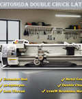 TechTongDa metal lathe with double chuck, 8x31 in, 1100W brushless motor bench lathe