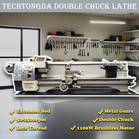 TechTongDa metal lathe with double chuck, 8x31 in, 1100W brushless motor bench lathe