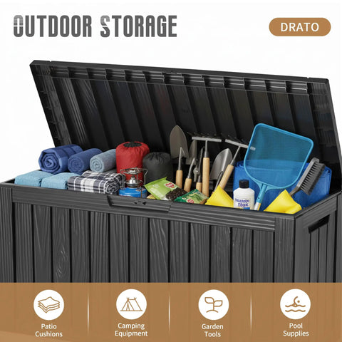 90 Gallon Outdoor Deck Box With Wheels Lockable Waterproof Weatherproof Resin Storage Chest for Patio Furniture Cushions Pool Floats Garden Tools Backyard Gear, Black, filled with various outdoor items.