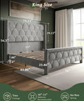 Top Shelf King Size Platform Bed Frame With 56 Inch Velvet Wingback Headboard In Deep Gray Rock Solid Steel Base Holds 1000 Lbs Smooth As Butter For Zero Creak Sleep, side view with dimensions.