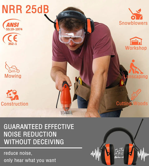 Man using upgraded Bluetooth hearing protection headphones with AM/FM radio, 31 SNR noise reduction, orange color, for mowing and yard work.