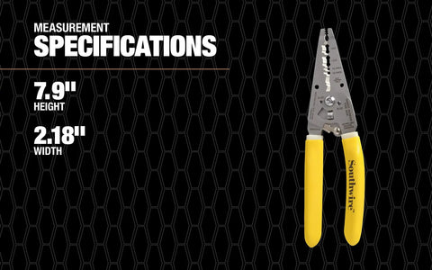 Romex Wire Stripper For 10/2 And 12/2 NM Cable with yellow handles and measurements 7.9" height, 2.18" width displayed next to it.