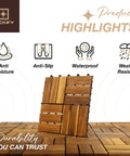 Top Shelf Nine Piece Solid Acacia Wood Interlocking Deck Tiles Non Slip Grooved Outdoor Flooring display highlighting features.