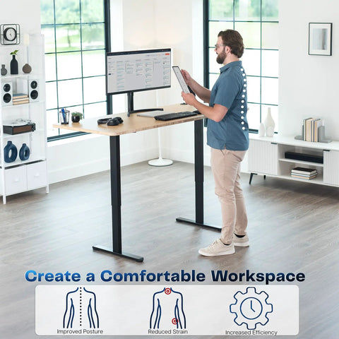 Heavy Duty Dual Motor Electric Sit Stand Desk Frame For DIY Tops, 220 Lbs Capacity, Height Adjustable With Memory Controller, Fits 40 To 77 Inch Table Tops, Black, Frame Only, shown with a man standing.