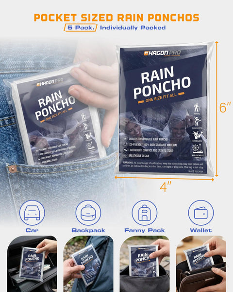 Disposable Rain Ponchos For Adults 5 Pack Stay Dry On The Go No Sweat With Full 48 Inch By 40 Inch Coverage And Secure Hood Ideal For Commuters Festivals Emergency Kits Travel And Outdoor Adventures packaging displayed.