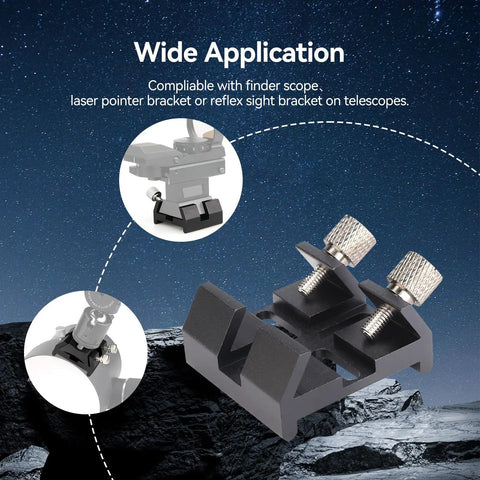Universal Dovetail Base Finder Scope Mount Bracket For Installing A Finder Scope On An Optical Telescope shown against night sky.