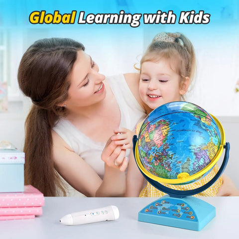 Interactive Globe With Smart Pen For Kids 6 To 12, 300 Plus Geography Quiz Games visible with smiling child and adult