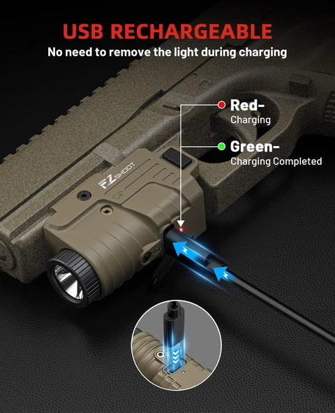 USB cable charging the Beefed Up 800 Lumen Pistol Light with red laser on Picatinny rail in desert tan