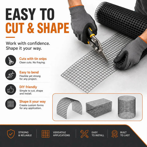 Person cutting Built Like A Brick 1/2 Inch Hardware Cloth Tough As Nails Chicken Wire Fencing Roll for custom shapes.