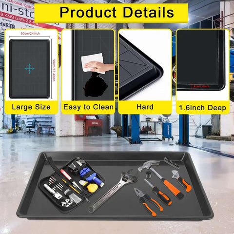 Image of Three Piece Extra Large Heavy Duty Oil Drip Pan Set 35.4 by 24 by 1.6 Inches showing size, cleaning, durability, and depth.
