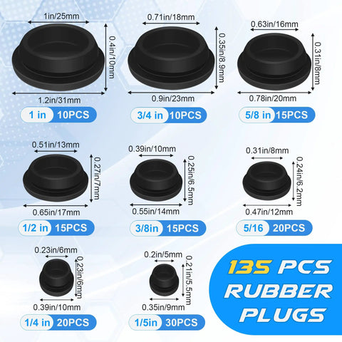 Super Tough 135 Pc Silicone Rubber Plug Kit With Eight Killer Sizes For DIY Repairs, Dust Proof Sealing And Fancy Garage Gasket Fixes That Keep Your Gear Clean And Looking Totally Fresh Any Time. size chart of black silicone rubber plugs
