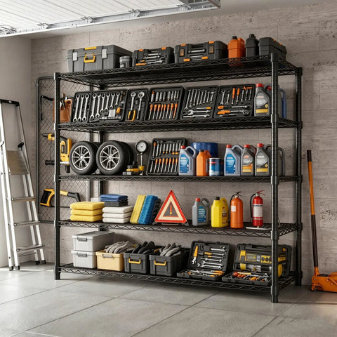 Heavy Duty 5 Tier Wire Shelving Rack With Massive Load Rating For Garage Pantry Kitchen Organization And Commercial Display That Is Legit Bombproof Setup For Your Home Office filled with tools and supplies.