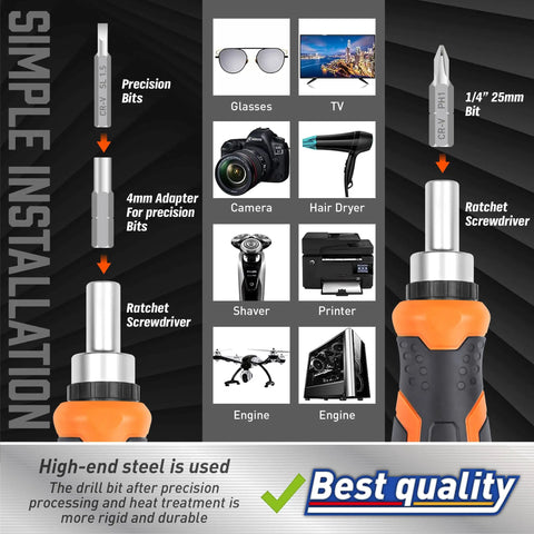 22 In 1 Ratchet Screwdriver Set With Precision Slotted Philips Pozi And Torx Bits showcasing accessories and uses.