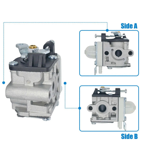 Echo PB2520 Leaf Blower Carburetor Replacement Kit with detailed view of carburetor from various angles showing sides A and B.