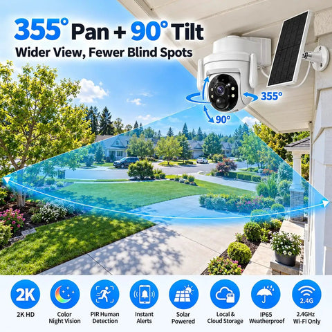 Sleek Solar Powered Security Camera For Outdoor Home Surveillance Featuring Hella Clear 3Mp Video And Smooth Pan Tilt Operation With Reliable Pir Motion Tracking And No Sweat IP65 Weatherproof Design For Backyards And Garages with 355° pan and 90° tilt.