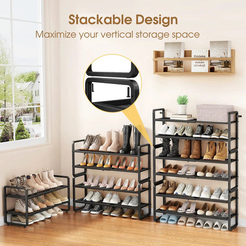Adjustable Expandable Metal Shoe Rack For Closet Featuring Sturdy Mesh Shelves That Keep Ya Boots And Heels Straight Up Tidy Stackable Storage Organizer For Entryway Garage And Tiny Rooms In Matte Black Finish