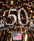 50 Years of Innovation celebration with fireworks background, 600 products and counting, Made in USA badge at bottom