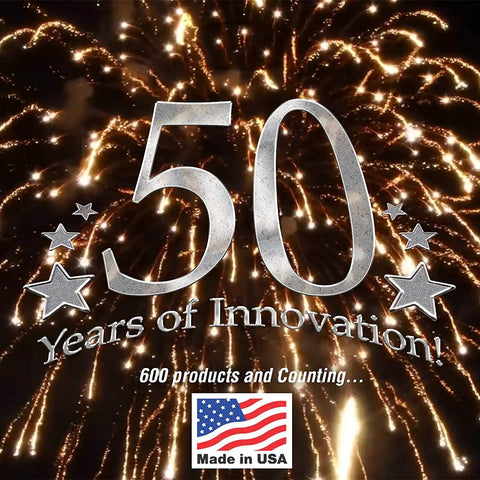 50 Years of Innovation celebration with fireworks background, 600 products and counting, Made in USA badge at bottom