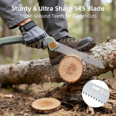 Person using Foldable Pruning Saw 9.5 Inch SK5 Blade With Adjustable Cutting Angles For Tree Trimming on a log outdoors.