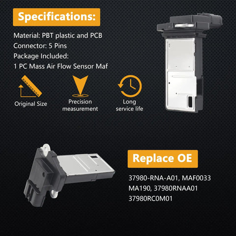 Mass Air Flow Sensor MAF Meter For Acura And Honda Vehicles Drop In OEM Quality MAF Sensor package and specifications shown.