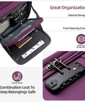 Open purple underseat carry on luggage with TSA lock, showing internal storage for 16 inch softside roller bag.