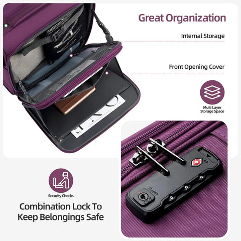 Open purple underseat carry on luggage with TSA lock, showing internal storage for 16 inch softside roller bag.