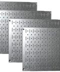 Four galvanized steel 12x16 inch panels of Modular Pegboard Wall Organizer Tiles Set DIY Friendly Four 12 Inch Tall By 16 Inch Wide Steel Peg Board Panels Galvanized Metal Storage Tiles Easy To Install Expandable Wall System That Accepts Round Pegs And Slotted Pegs