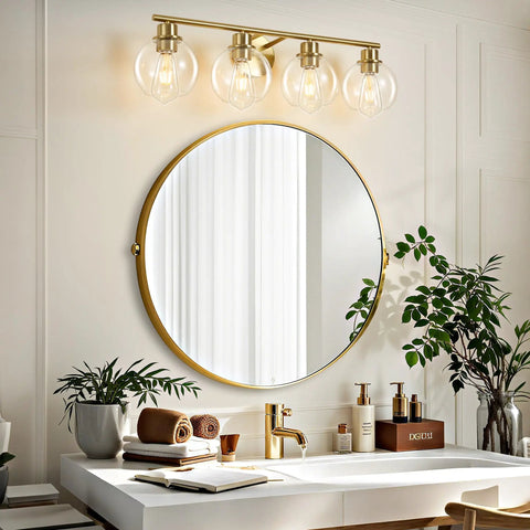 4-Light Over Mirror Bathroom Vanity Light With Clear Glass Globe Shades, 29.5 Inch Black Wall Sconce For Bath, Dope Modern Brass Metal Fixture