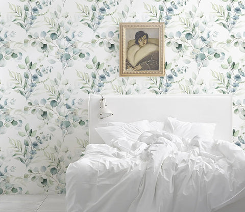 Easy Peel And Stick Boho Eucalyptus Green And White Floral Wallpaper For Walls in bedroom with white bedding and artwork