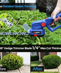 Cordless Hedge Trimmer With 21V Battery, cutting green bushes, showing 8.89-inch blade in action, before and after trimming