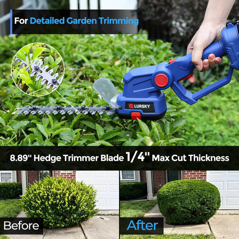 Cordless Hedge Trimmer With 21V Battery, cutting green bushes, showing 8.89-inch blade in action, before and after trimming