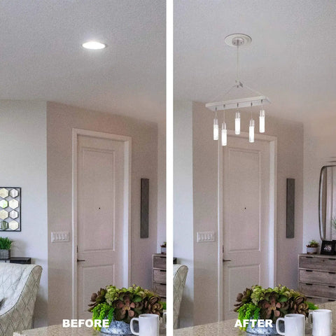 Recessed Can Light To Pendant Conversion Kit For Easy Pendant Installation In White Finish Instant Light Fixture Makeover For Home And Office 1 Pack Now, showing before and after lighting transformation.