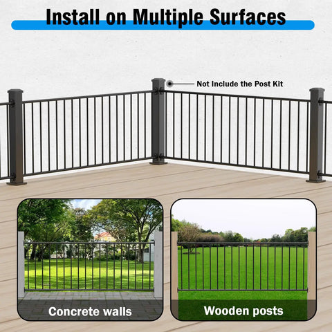 Slick Aluminum Railing Kit For Indoor Outdoor Deck And Stair Guard Rail With Pre Drilled Template For No Brainer Diy Install On Wood Or Concrete Without Posts At 36 Inches displayed on wooden deck with concrete and wood options.