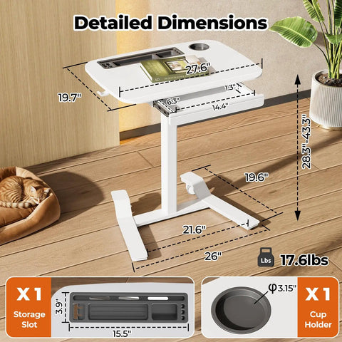Detailed dimensions of Adjustable Height Rolling Desk With Drawer Swivel Casters Mobile Standing Workstation for home office setup.