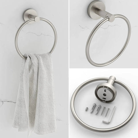 3 Piece Bathroom Hardware Set With Brushed Finish Toilet Paper Holder Hand Towel Ring And 16 Inch Towel Bar And SUS304 Stainless Steel Wall Mount Built To Last Rustproof For Humid Bathrooms towel ring close-up with hardware