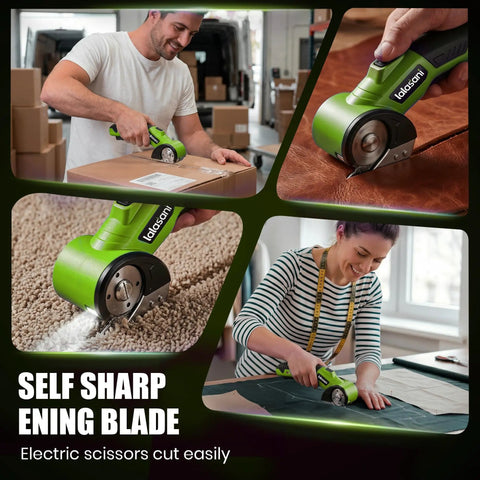 Heavy Duty Cordless Electric Box Cutter With Powerful 320Rpm Motor And Auto-Feed Scissors Design cutting cardboard and leather.