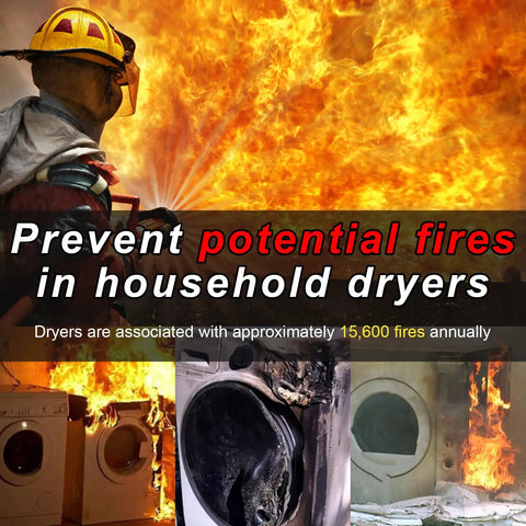 Firefighter extinguishing flames, highlighting Universal Dryer Vent Cleaner Kit With Flexible Vacuum Hose Attachment For Deep Lint Removal.
