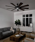 Badass Heavy Duty 85 Inch Ceiling Fan With Bright LED Lighting And Slick Distressed Black Industrial Finish Plus Nine Blade Quiet Airflow Blades For Cool Bedroom Relaxation, featuring in a modern living room.