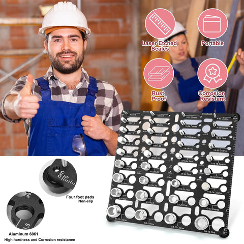 Front view of aluminum bolt thread gauge board with 55 bolt sizes, 20 standard and 16 metric, wall-mountable