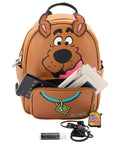Snag This Totally Rad Scooby Doo Big Face Mini Backpack Purse Crafted From Premium Faux Leather With Detachable Mystery Machine Card Holder And Glitter 3D Ear Detail For Teens And Young Women, showing phone, wallets and colorful details.