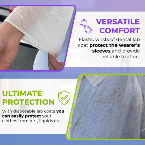 White Disposable Lab Coats For Adults X Large Pack Of 10 Unisex Lab Gowns For Students SMS 40 GSM Protective Coat With Elastic Wrists Five Snaps And No Pockets Durable Chemical Splash Protection featuring elastic wrist.