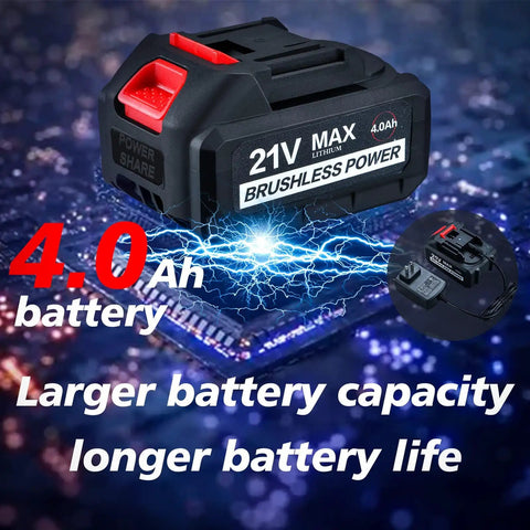 4.0Ah battery for Beast 21V Cordless Impact Wrench With 400 Nm Max Torque And 3000 RPM, showcasing larger capacity and longer life