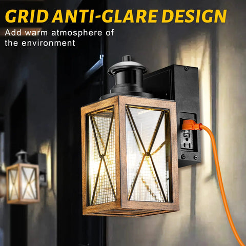 Porch Light With Built In Outlet And Motion Sensor, Dusk To Dawn Exterior Wall Mount Sconce shown with grid anti-glare design.