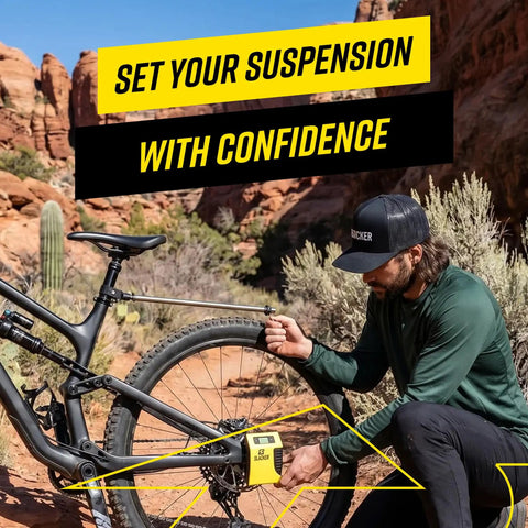 Rider adjusting bike with MTB Suspension Tuning Kit With Digital Sag Tool Portable One Person Axle Measurement System