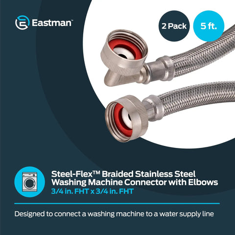Two 5 Ft Braided Stainless Steel Washing Machine Hoses With Elbows Pack Of 2 3/4 Inch FHT X 3/4 Inch FHT Full Flow High Pressure Connectors
