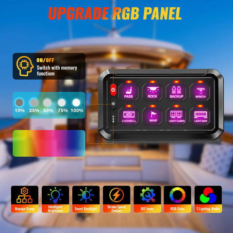 Display of the 8 Gang Bluetooth Switch Panel With App Control on a boat, showing wireless RGB lighting and customizable modes.