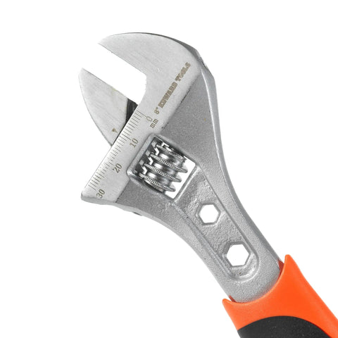 8 Inch Adjustable Wrench With Heavy Duty Chrome Plated Carbon Steel Build Pro Grip Ergonomic Handle For Maximum Leverage Quick Adjust Wheel For Easy Sizing Spanner End Hook, close-up view