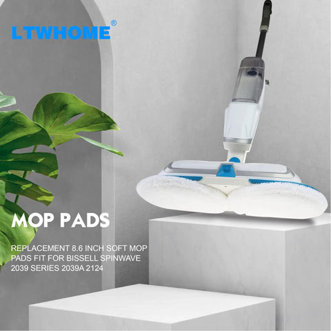 Replacement 8.6 Inch Soft Mop Pads For SpinWave 2039 Series Hard Floor Cleaner 6 Pack displayed with SpinWave cleaner
