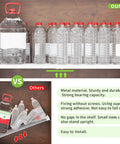 Expandable Closet Shelves Set showing stability with water bottles, comparing no-drill adhesive install vs unstable alternative.
